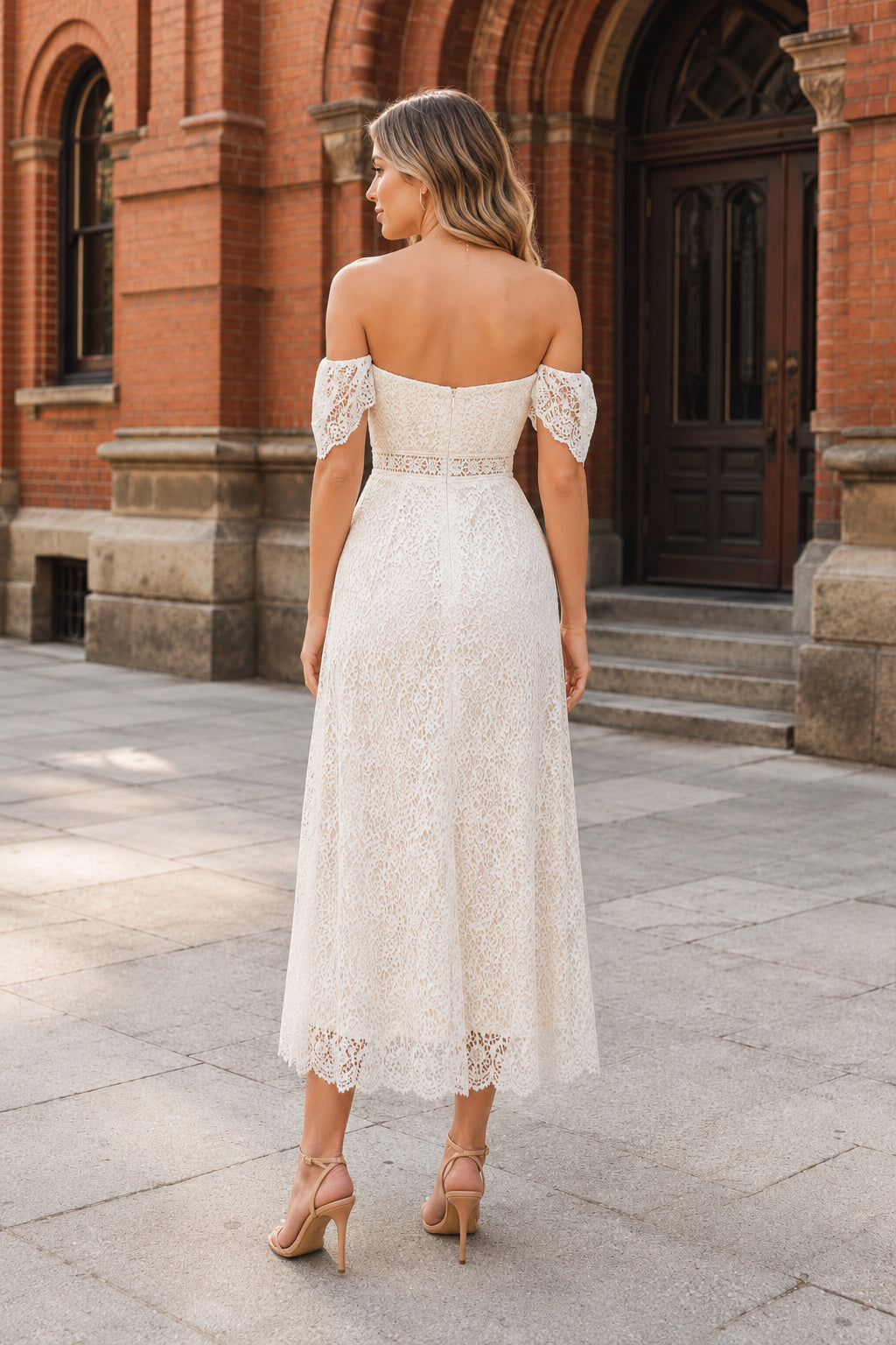 Ivory Off-the-Shoulder Lace Tea-Length Sheath Cocktail Dress with Short Sleeves back view