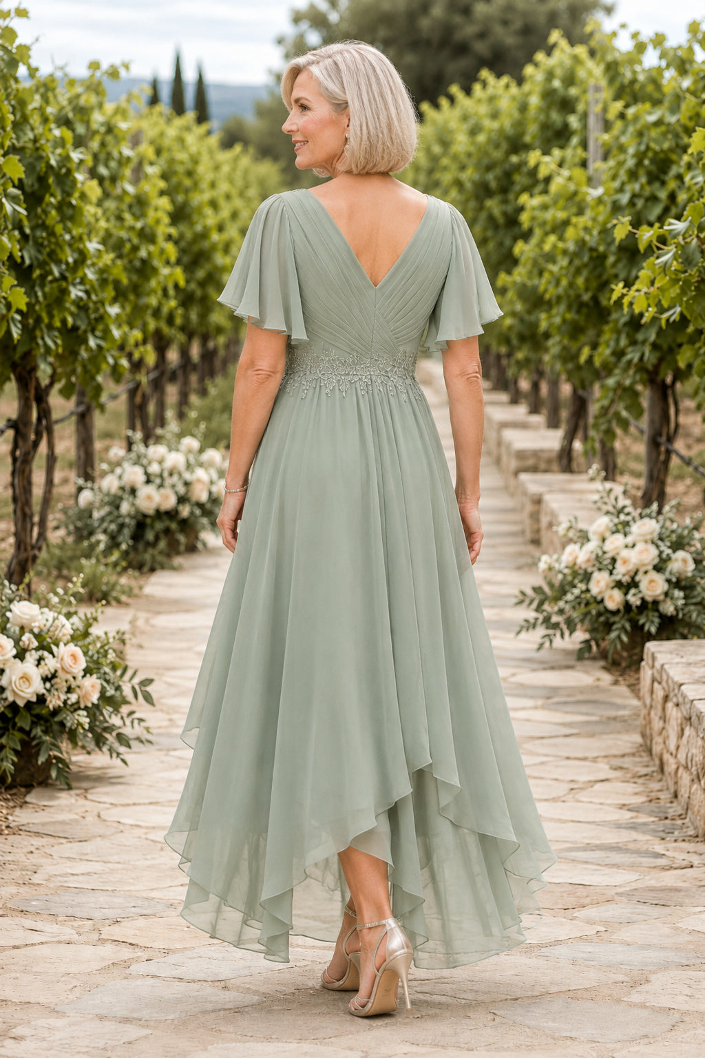 Sage V-Neck High Low Mother Dress with Flutter Sleeves and Draped Chiffon Skirt for Evening Reception back view