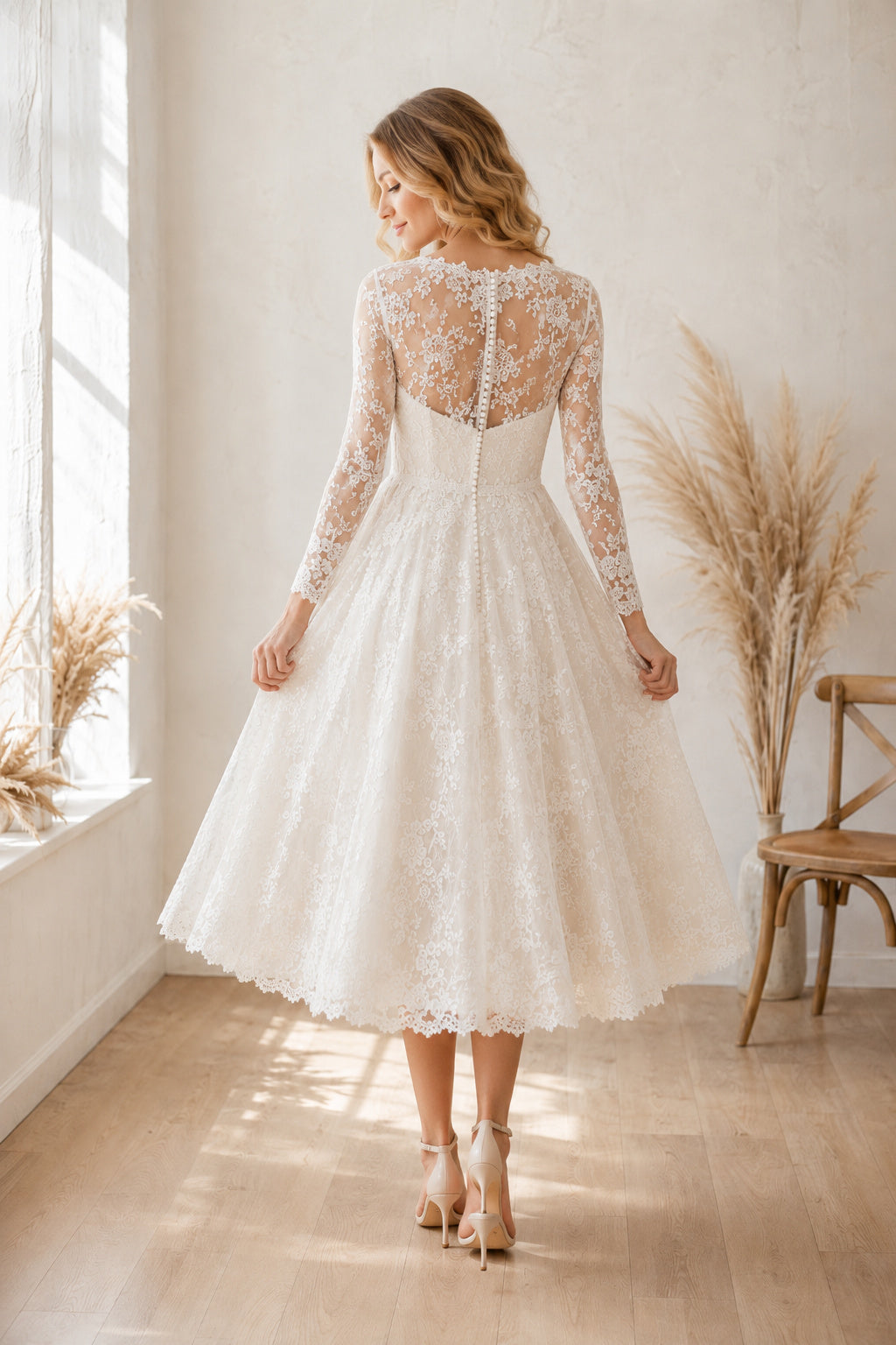 Modest Long Sleeve Lace Tea-Length Wedding Dress with Illusion Neck back view