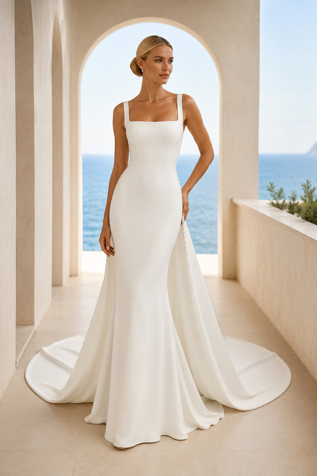 Satin Wedding Dress Mermaid Strap Detail Sweep Train Bridal Gown front view