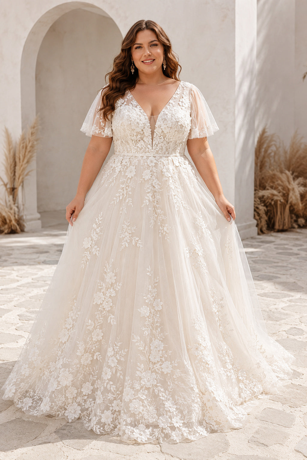 Plus Size Ivory V-Neck Short Sleeve Lace A-Line Wedding Dress front view