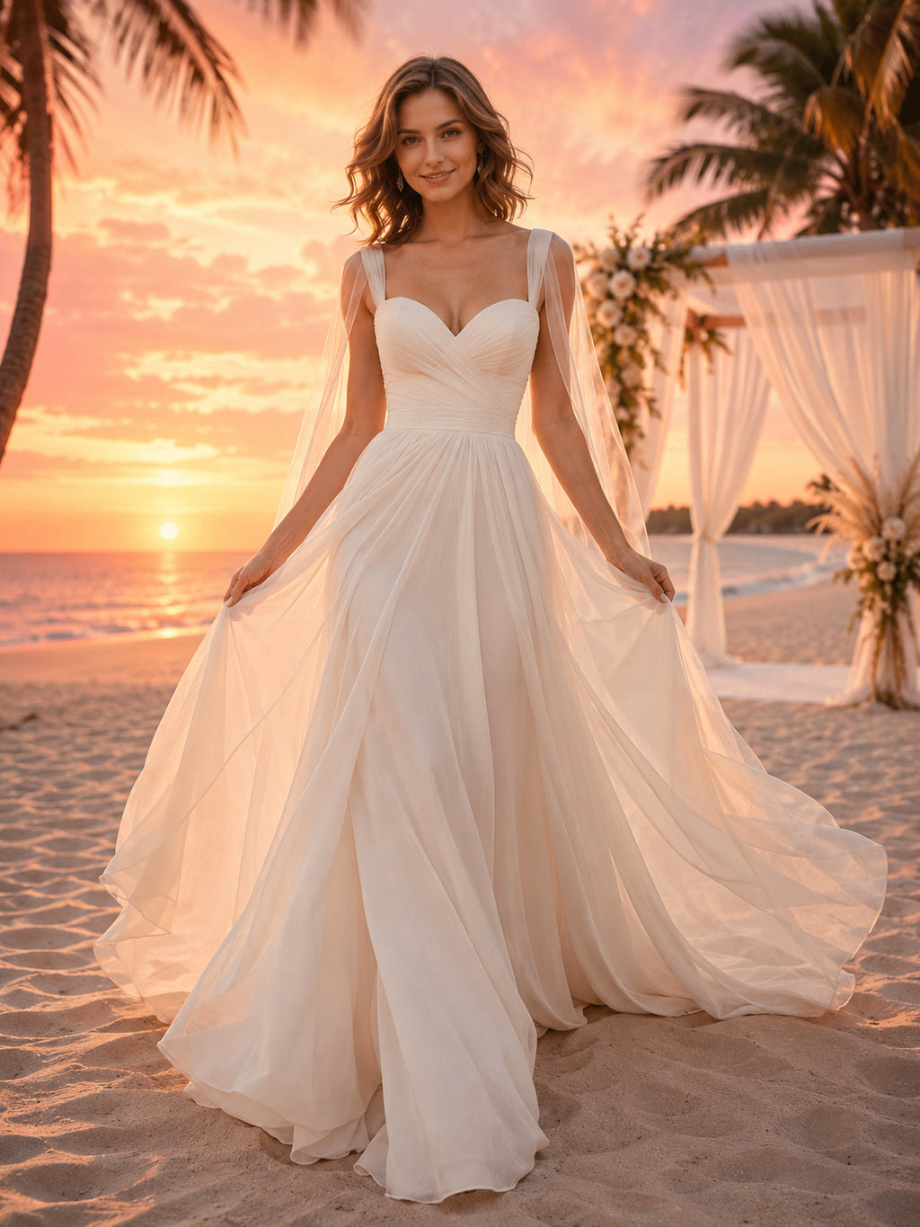 Beach Sweetheart Strap Chiffon A-Line Destination Wedding Dress front view