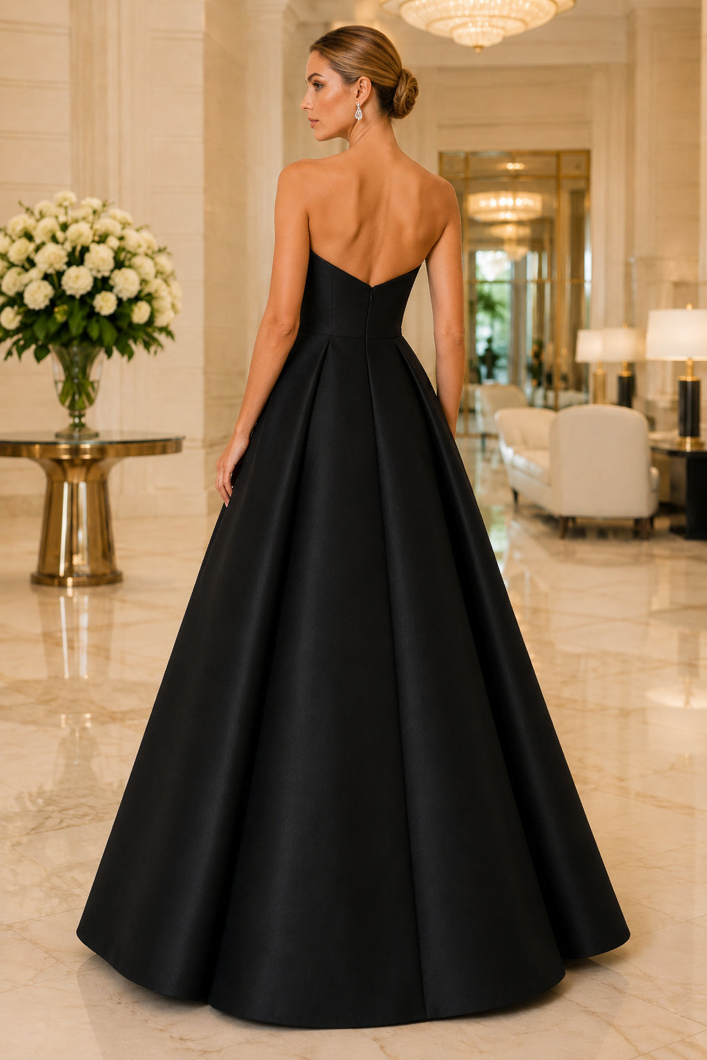 Black Strapless Satin Ball Gown Formal Dress with Sweetheart Neck and Full Floor Skirt back view