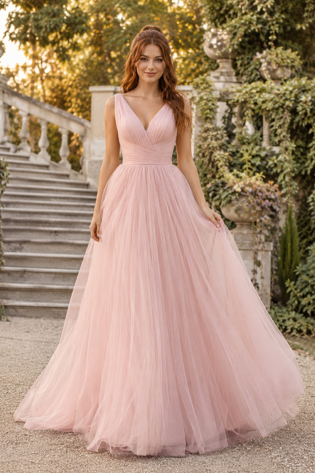 Blushing Pink V Neck Sleeveless Tulle A Line Dress with Soft Full Skirt Floor Length A Line Prom Dress front view