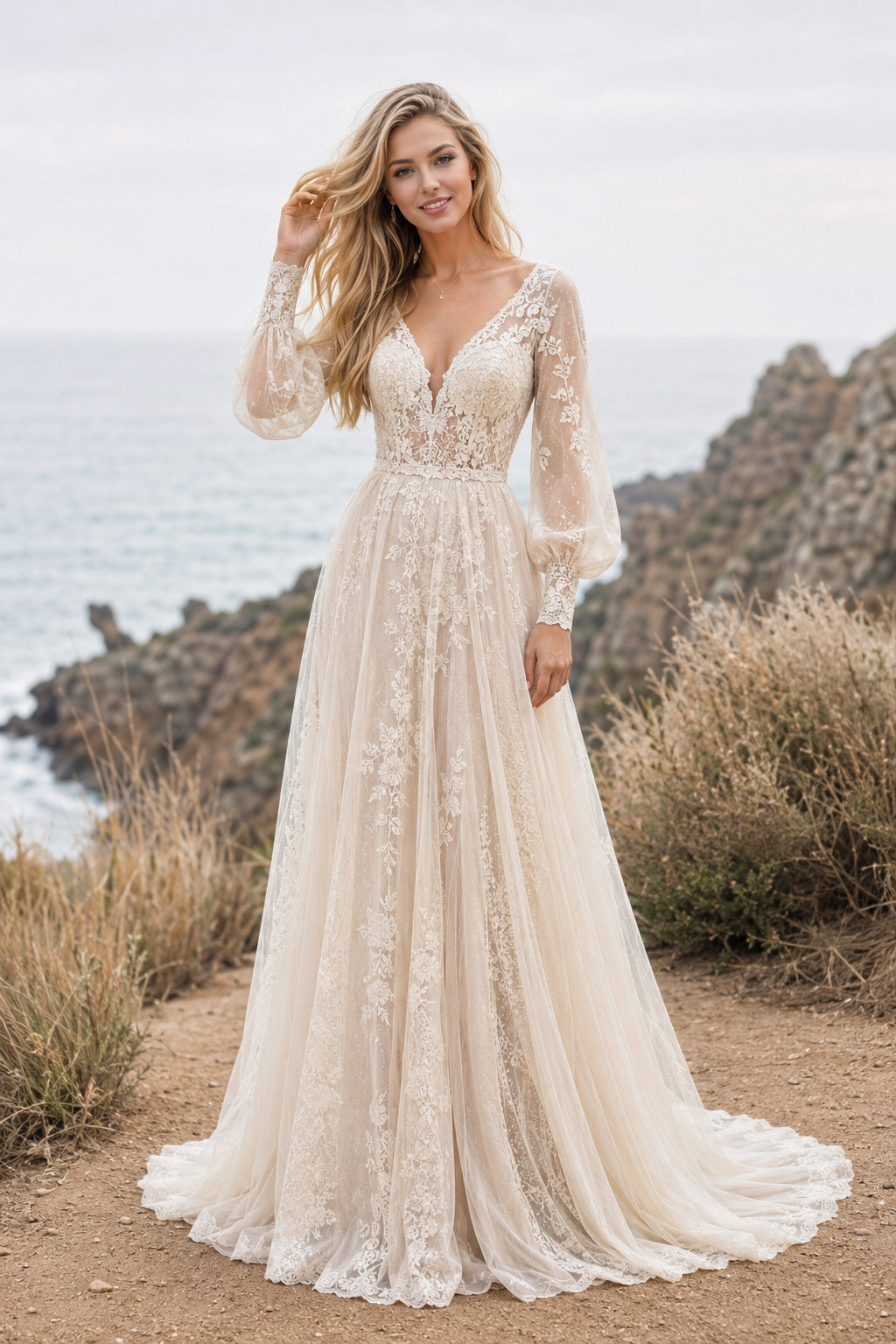 Ivory Long Bell Sleeve V-Neck Lace A-Line Wedding Dress Train for Wedding Ceremony and Reception Style MG_701500 front view