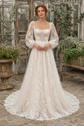 Ivory Square Neck Puff Sleeve Lace A-Line Wedding Dress with Sweep Train Style MG_700409 front view