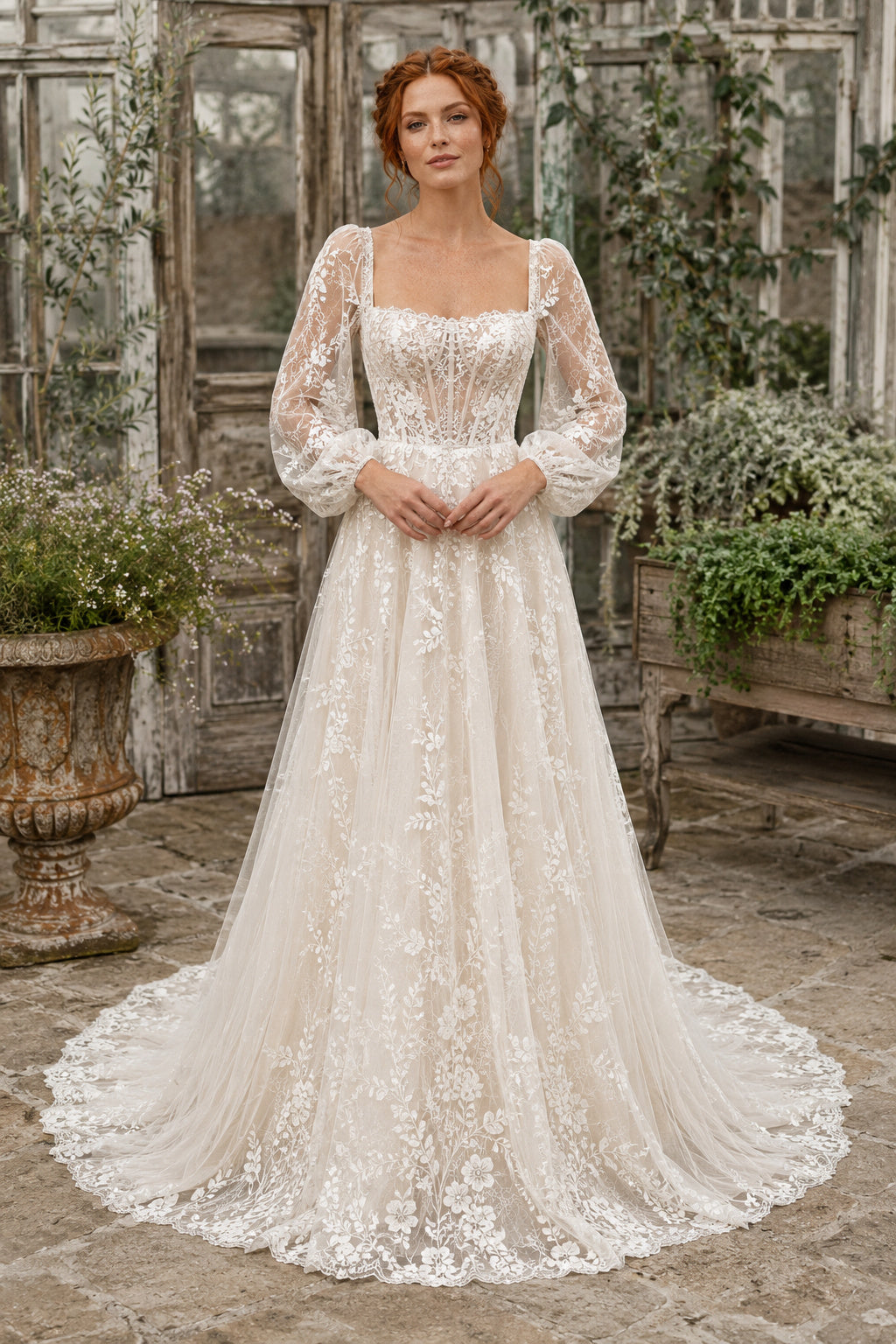 Ivory Square Neck Puff Sleeve Lace A-Line Wedding Dress with Sweep Train Style MG_700409 front view