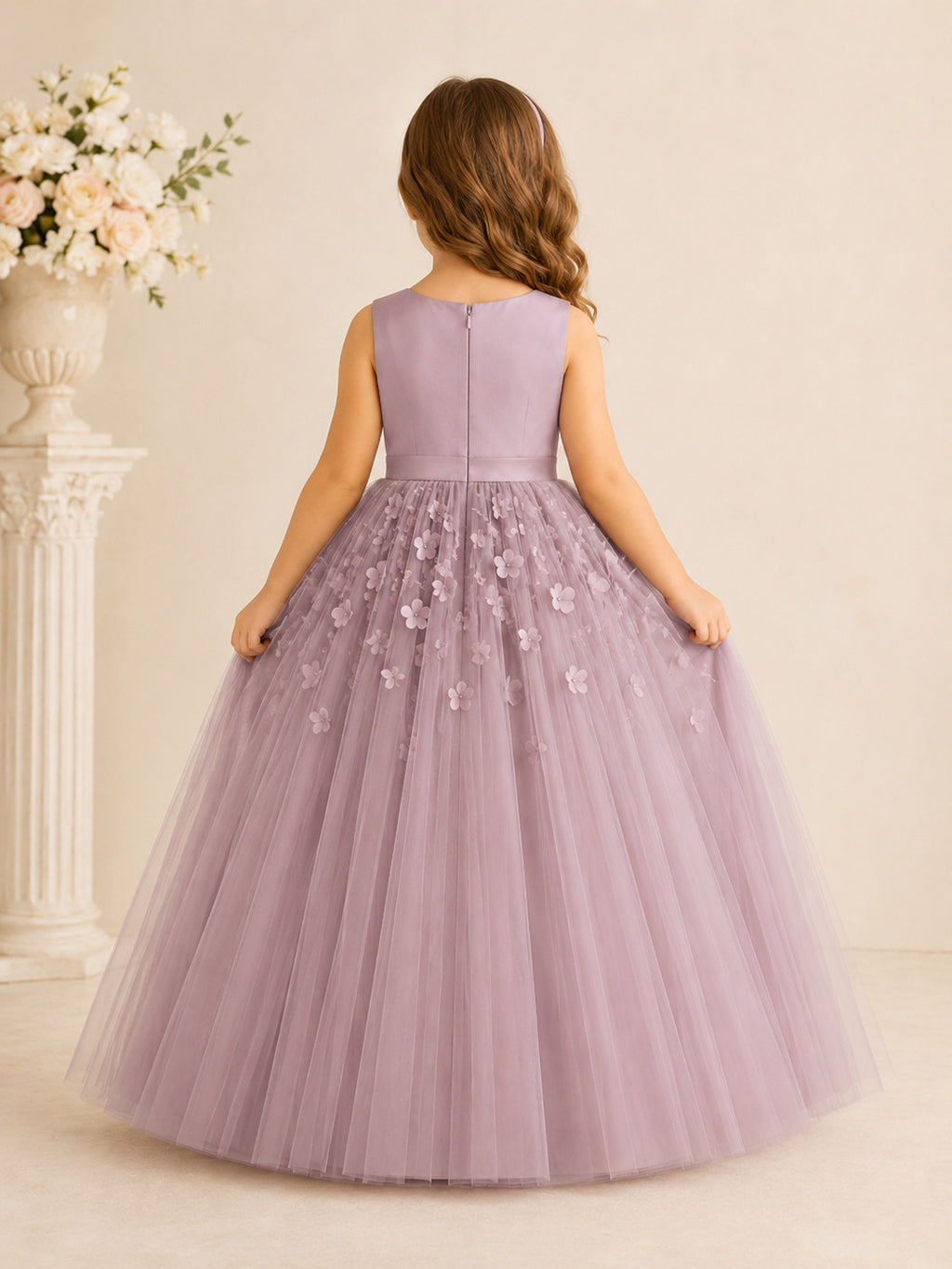 Mauve Floral Applique Tulle A-Line Flower Girl Dress with Jewel Neck and Floor-Length Skirt back view