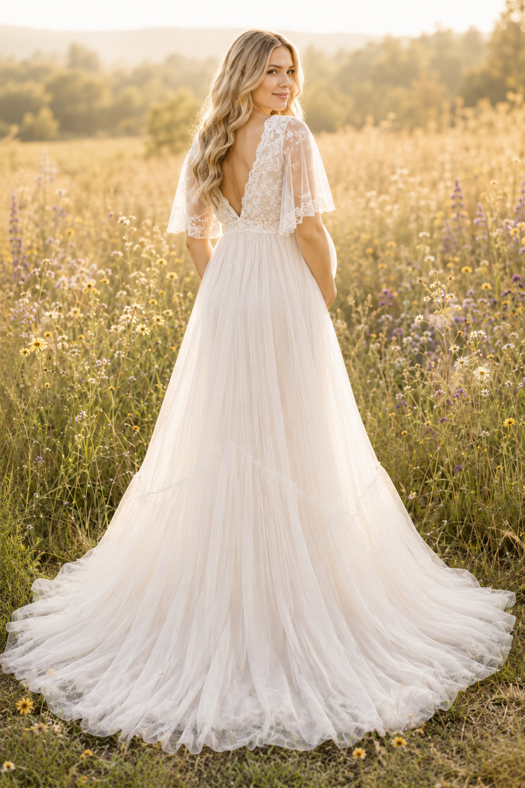 Ivory Maternity V-Neck Flutter Sleeve Lace A-Line Wedding Dress with Full Tulle Train back view