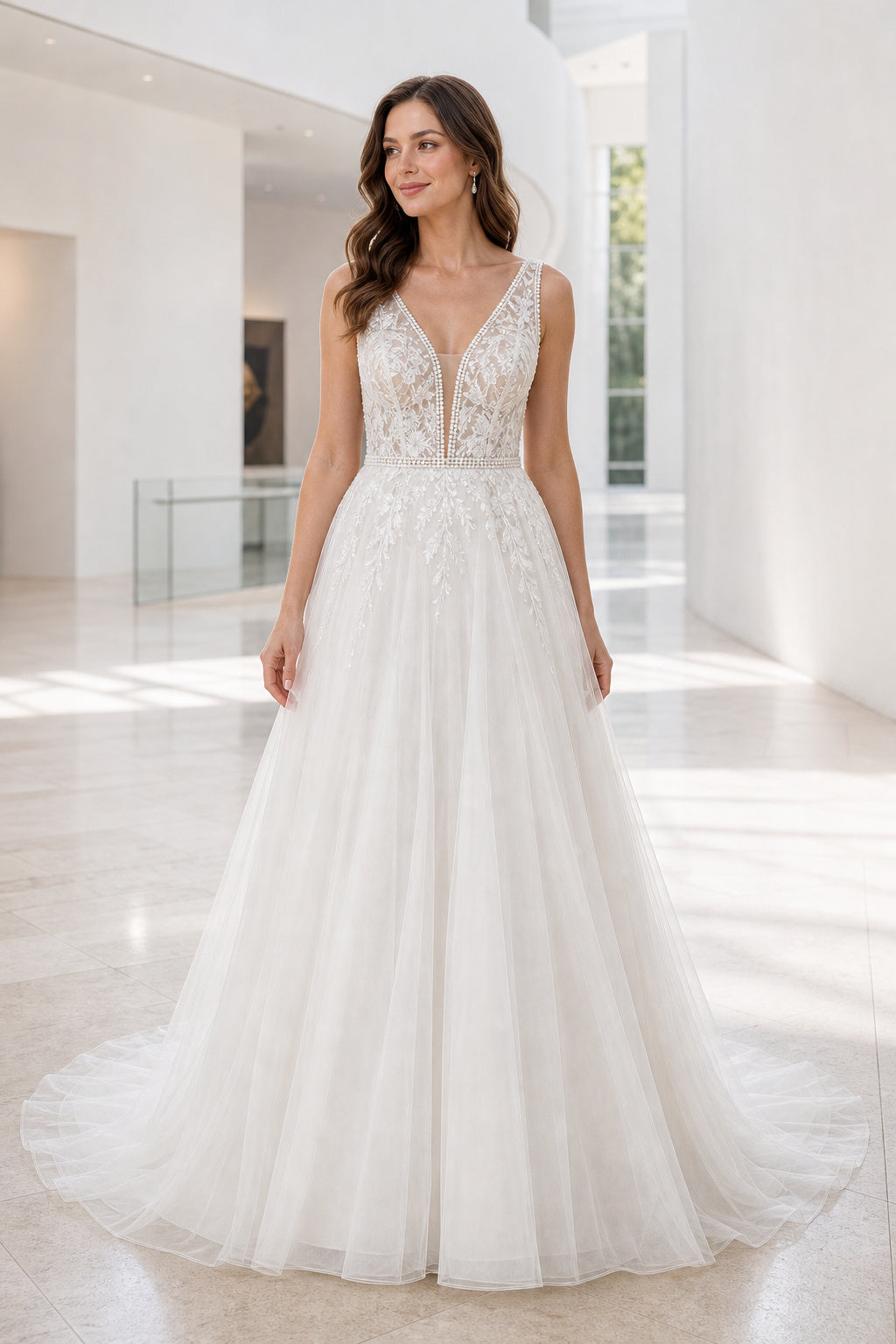 White Scoop Three-Quarter Sleeves A-Line Crepe Floor-length Wedding Dress With Lace Bodice and Sweep Train and Open Back