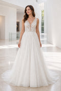 White Scoop Three-Quarter Sleeves A-Line Crepe Floor-length Wedding Dress With Lace Bodice and Sweep Train and Open Back
