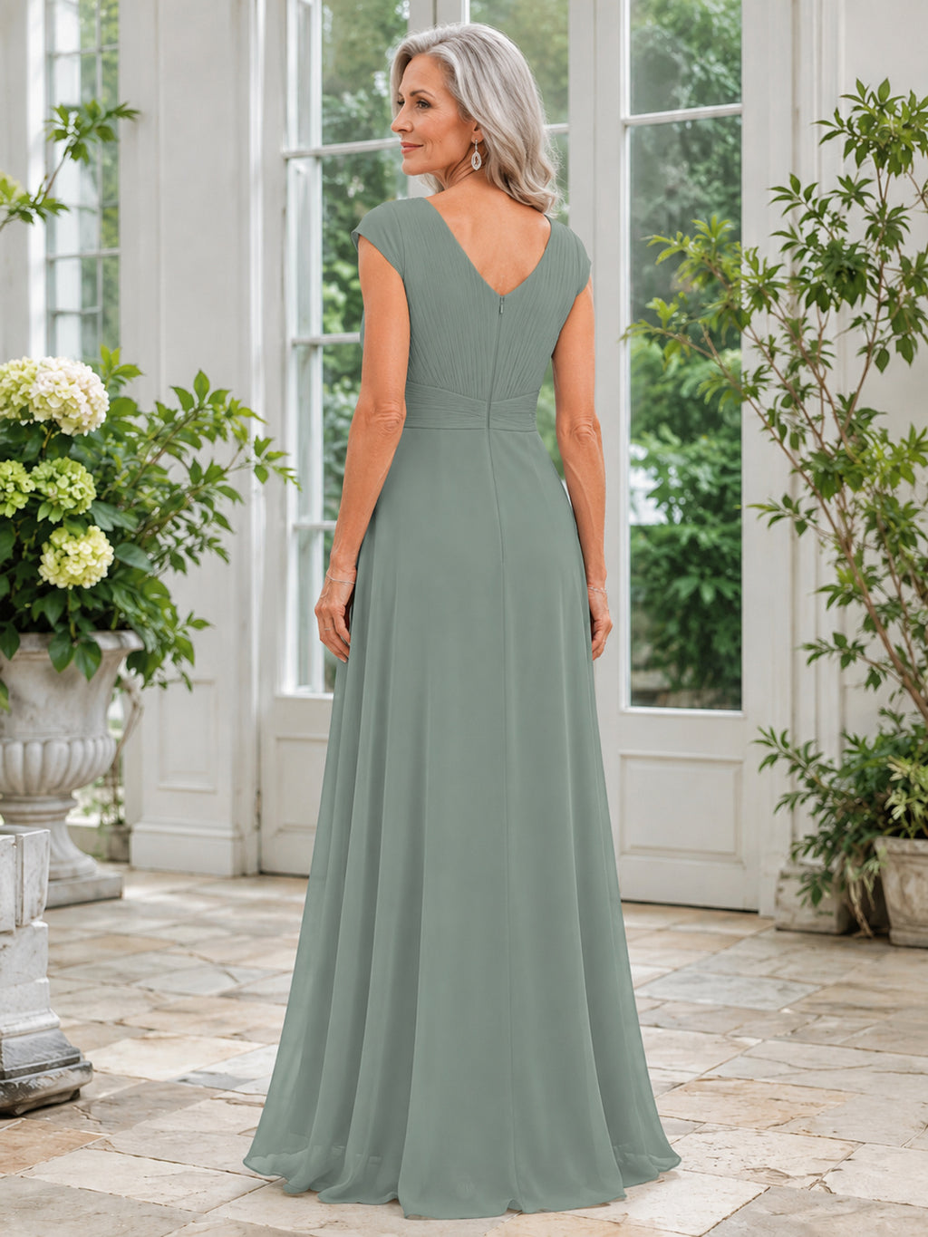 Dusty Sage Floor-Length A-Line Simple Mother of the Bride Gown with Scoop Neck Sleeveless Bodice and V-Back back view