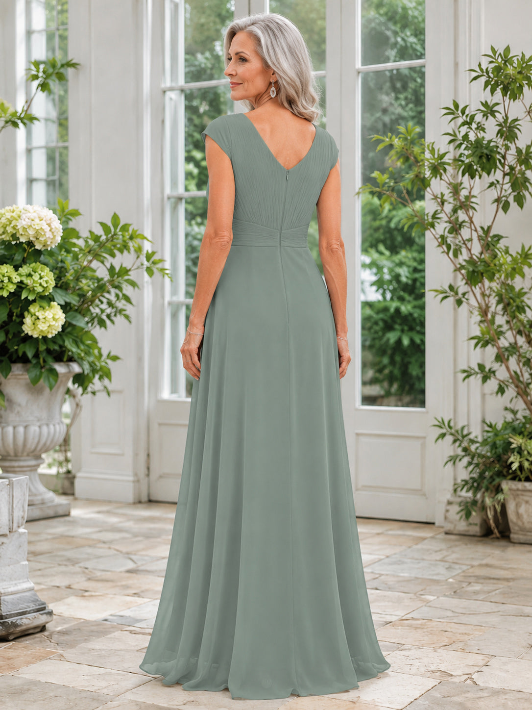 Dusty Sage Floor-Length A-Line Simple Mother of the Bride Gown with Scoop Neck Sleeveless Bodice and V-Back back view