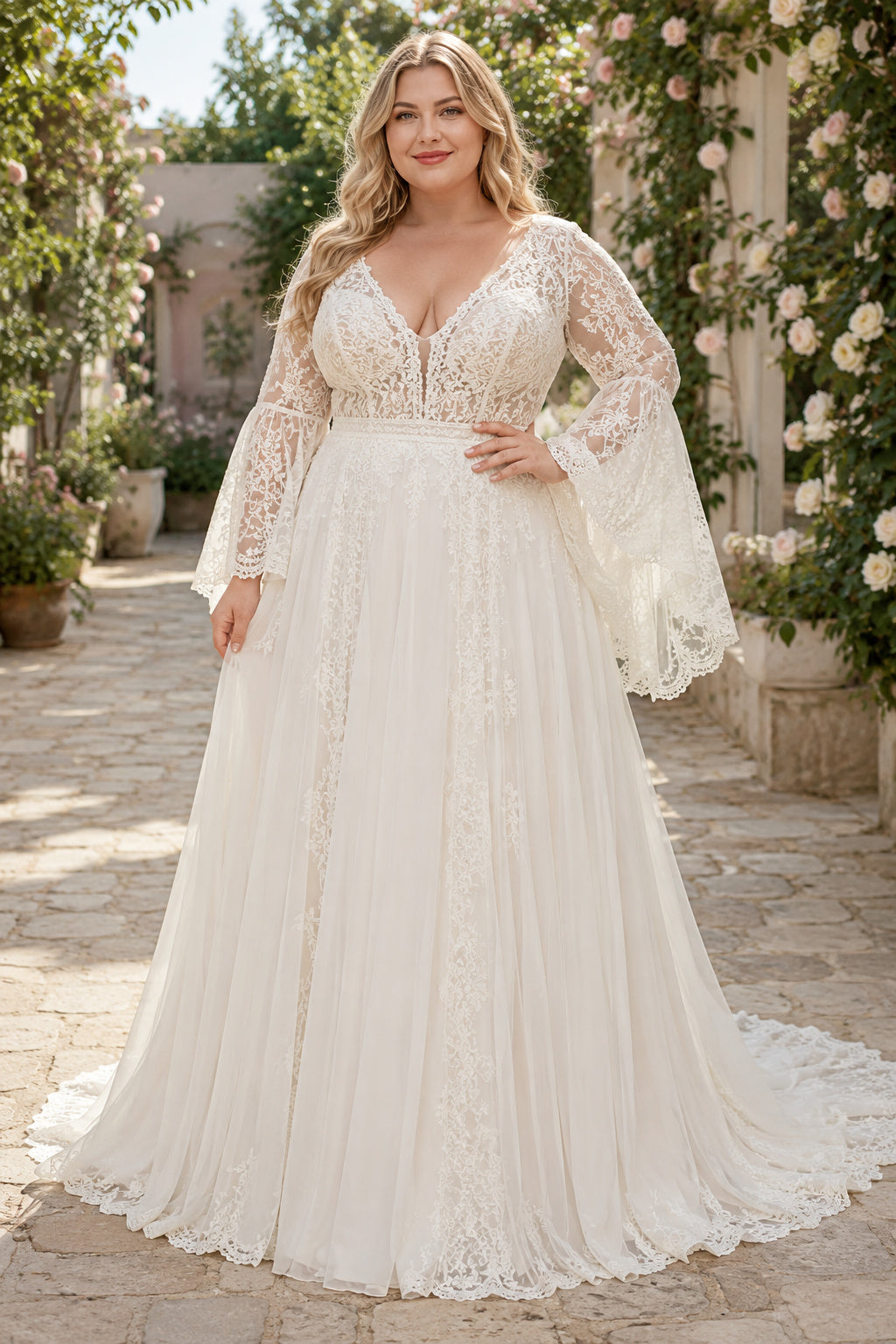 Plus Size Ivory V-Neck Bell Sleeve Lace Tulle A-Line Wedding Dress with Bell Sleeves and Lace Chapel Train front view