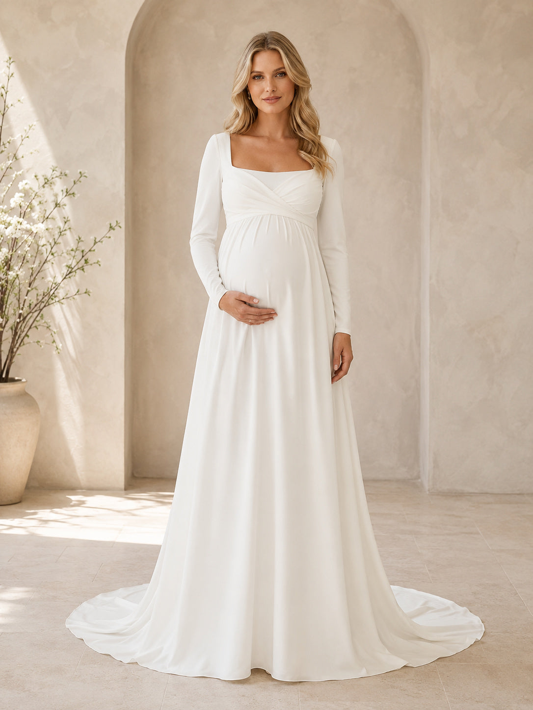 Simple Maternity Square Neck Long Sleeve Satin Empire A-Line Sweep Wedding Gown front view