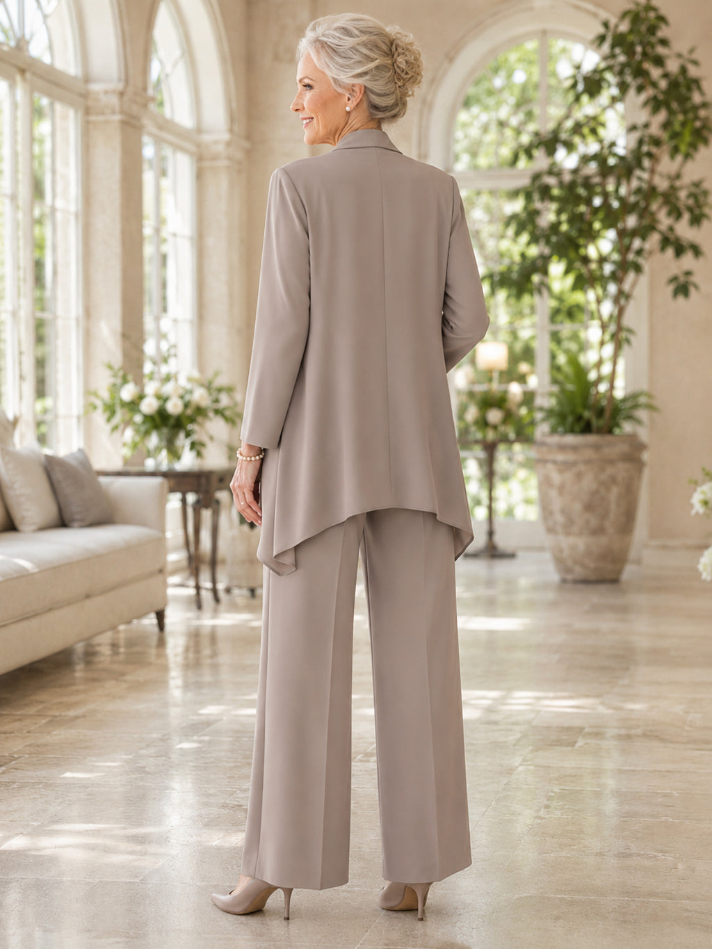 Taupe Minimalist Ankle-Length Cropped Wide-Leg Mother of the Bride Crepe Pantsuit with Three-Quarter-Sleeve Flowing Waterfall