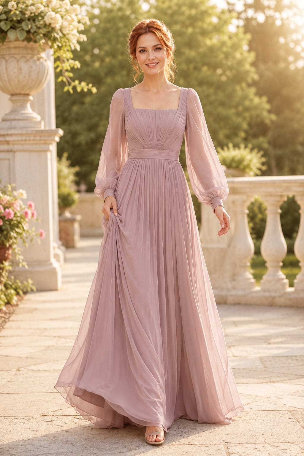 Plus Size Dusty Rose Square Neck Chiffon A-Line Dress with Long Puff Sleeves front view
