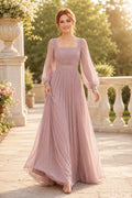 Plus Size Dusty Rose Square Neck Chiffon A-Line Dress with Long Puff Sleeves front view