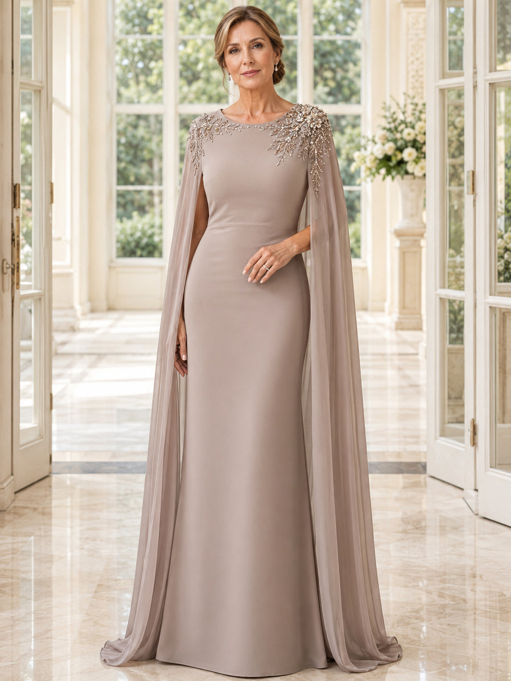 Taupe Luxury Formal Bateau Crystal-Shoulder Chiffon Long-Cape Floor-Length Mother of the Bride Gown front view