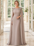 Taupe Luxury Formal Bateau Crystal-Shoulder Chiffon Long-Cape Floor-Length Mother of the Bride Gown front view