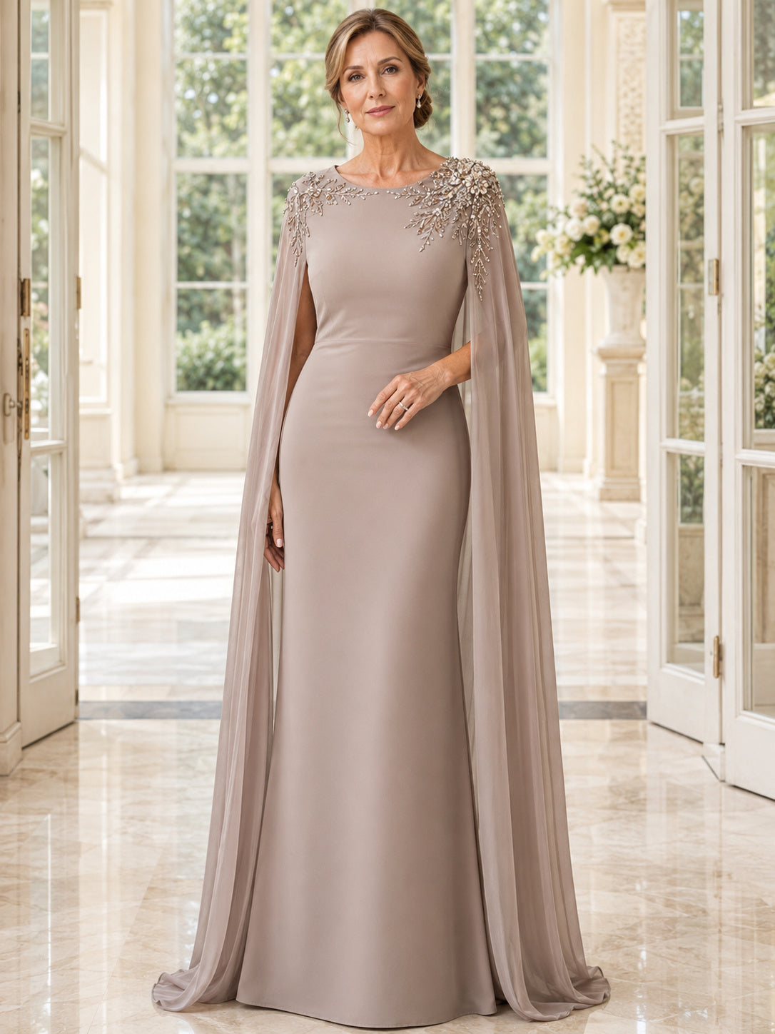 Taupe Luxury Formal Bateau Crystal-Shoulder Chiffon Long-Cape Floor-Length Mother of the Bride Gown front view