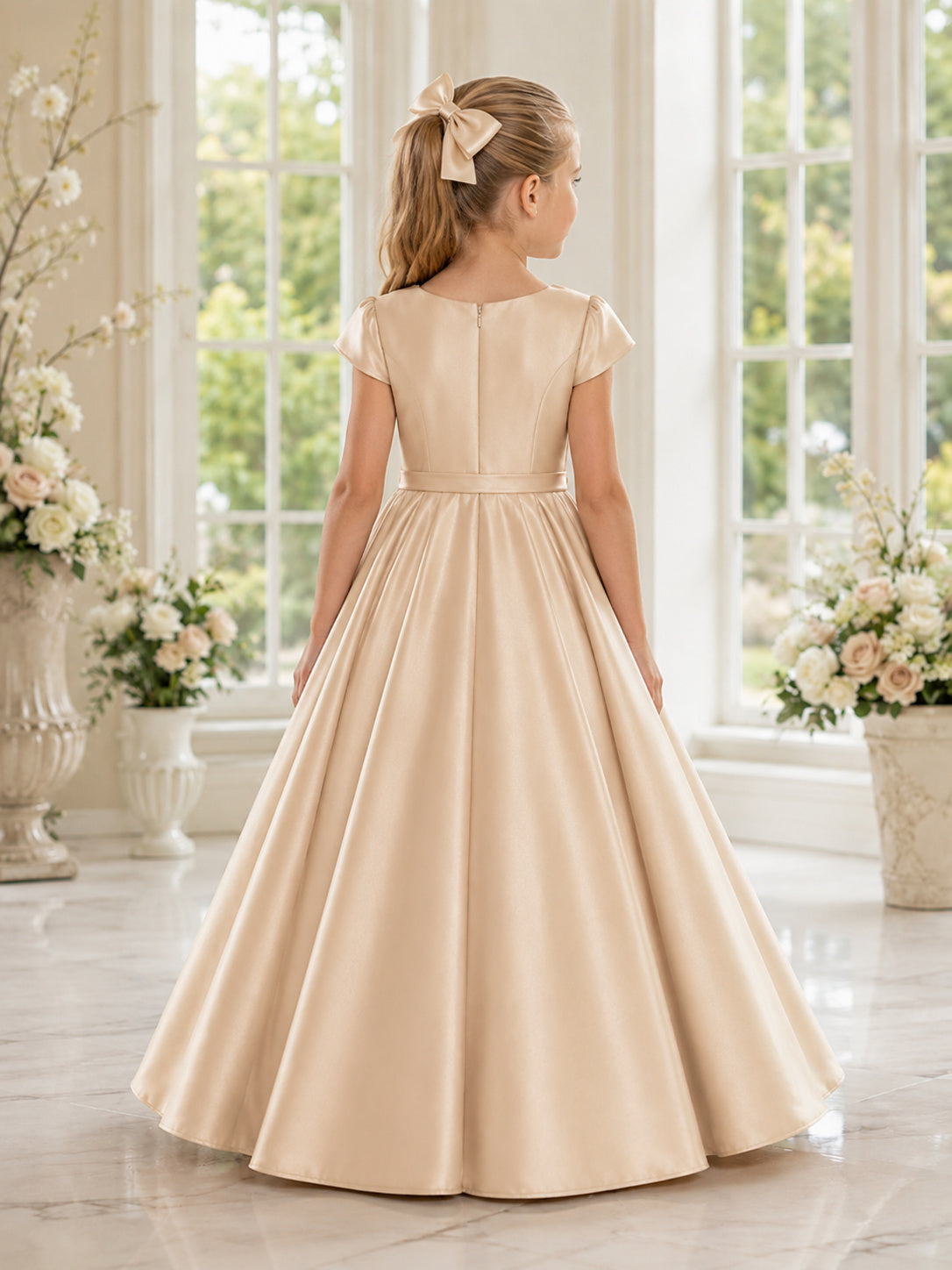 Flower Girl Dress Champagne Satin A-Line Short Sleeve Jewel Neck Floor Length Sash Detail back view