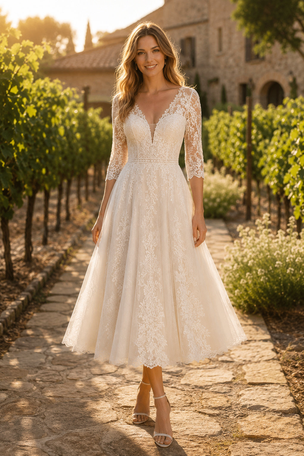 Ivory Romantic V-Neck Tea-Length A-Line Tea Length Tulle Wedding Dress with Three Quarter Lace Sleeves and Tea-Length Hem fro