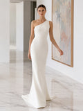 One Shoulder Minimalist Crepe Sheath Sweep Train Wedding Dress front view