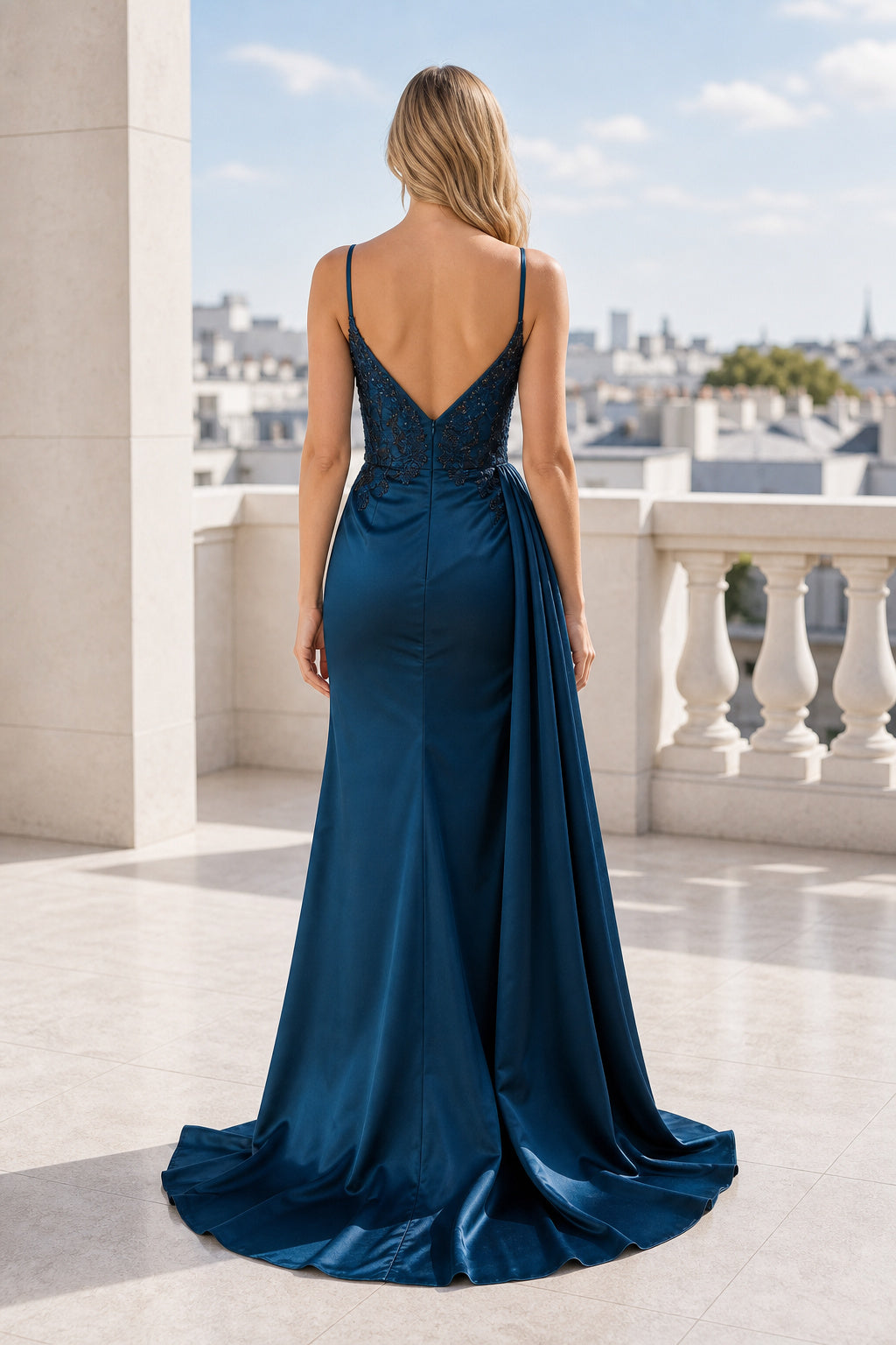 Teal Sweetheart Spaghetti Strap Mermaid Satin Floor-Length Dress With Front Slit