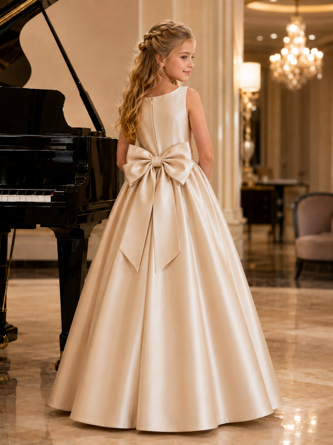 Flower Girl Dress Champagne Satin Ball Gown Sleeveless Scoop Neck Floor Length Satin Sash Bow Back back view
