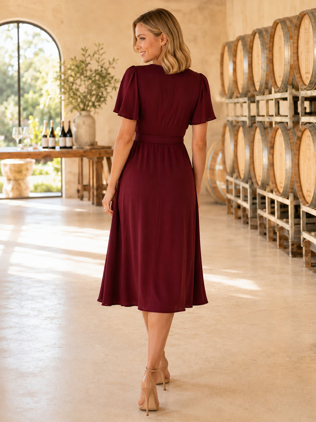 Burgundy Flutter Sleeve Wrap Winery Dinner Midi Dress back view