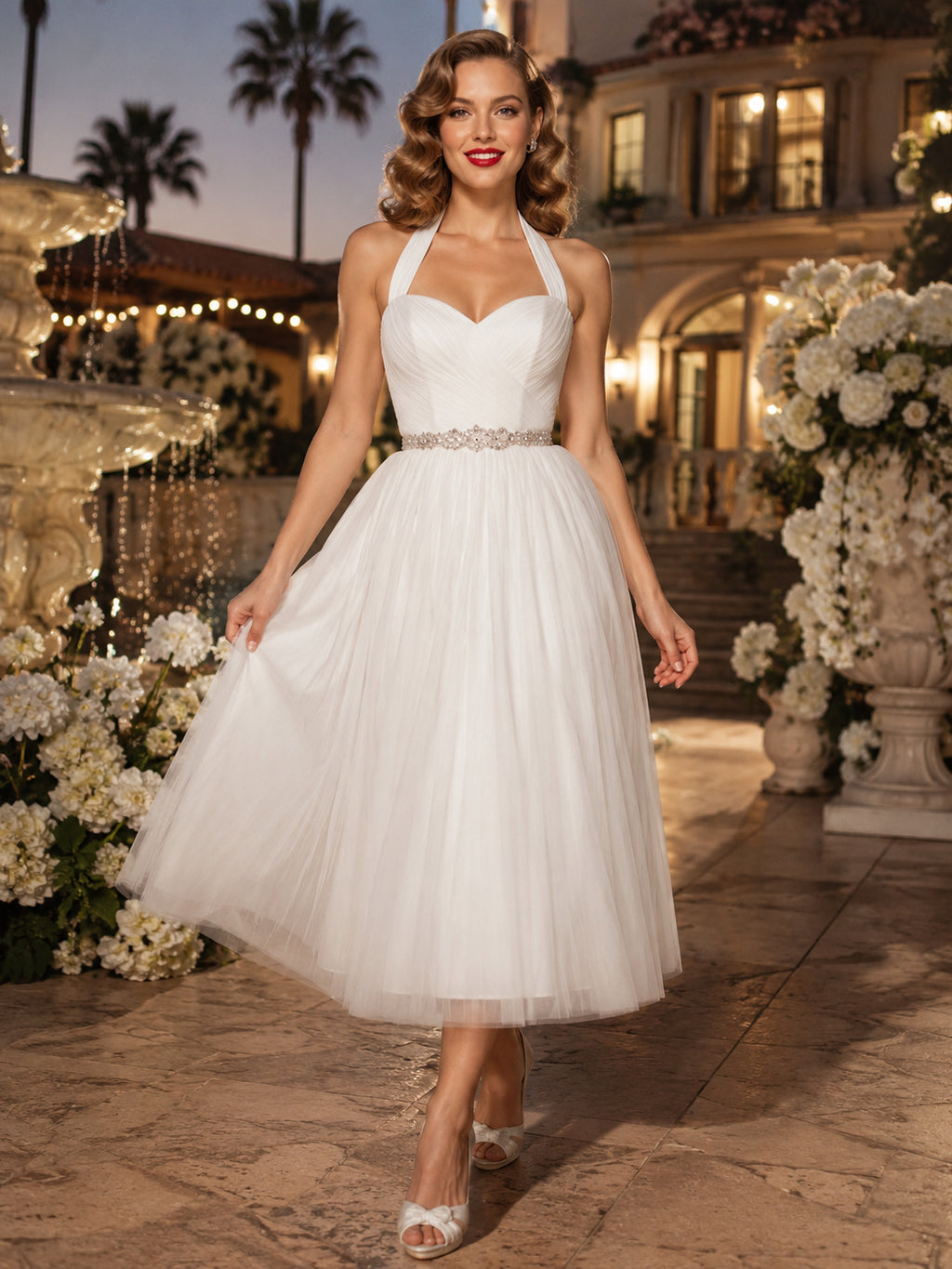 Retro Halter Tulle Tea Length Courtyard Bridal Dress front view