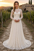 Ivory High Neck Illusion Lace Long Sleeve A-Line Wedding Dress with Sweep Train front view