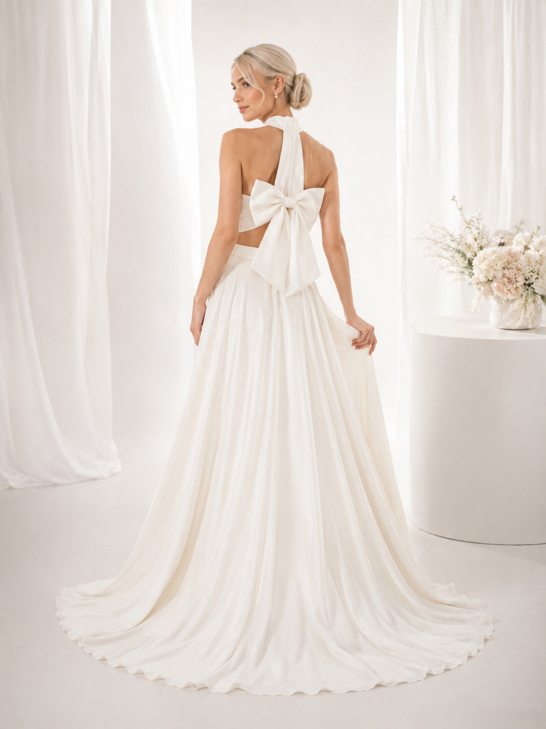 Two Piece Halter Bow Back Studio Chiffon Bridal Gown back view