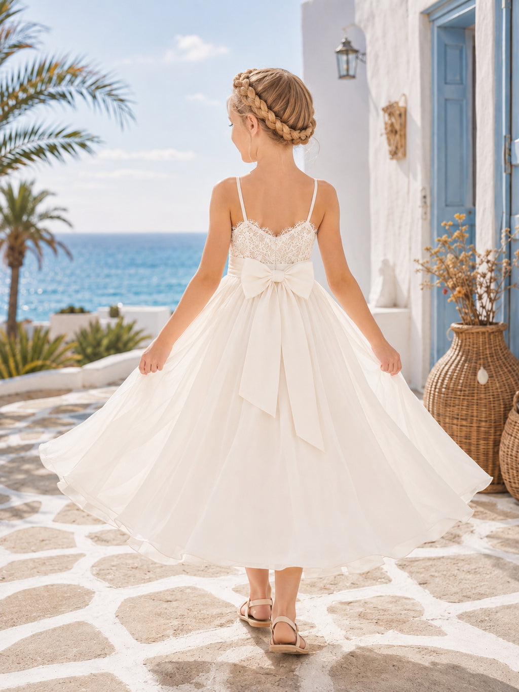 Spaghetti Strap Tulle with Bow A-Line Flower Girl Dress with Tea-Length Skirt and Bow Detail back view