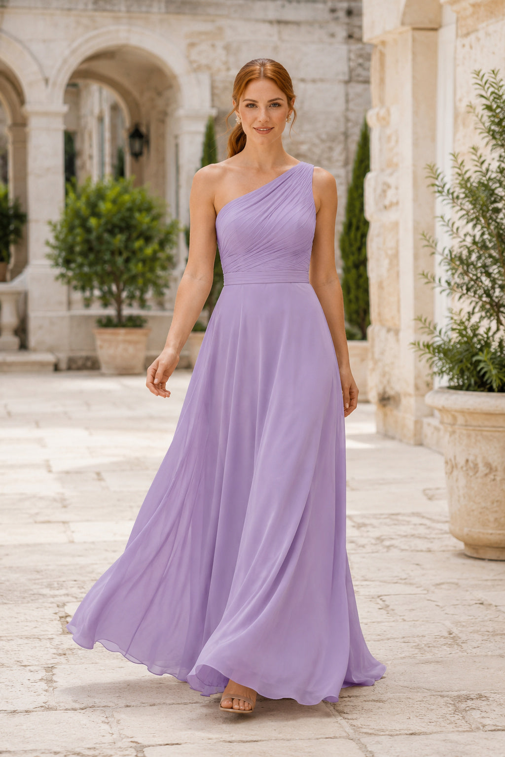 Lavender One-Shoulder Chiffon A-Line Bridesmaid Dress with Pleated Bodice for Garden Reception front view