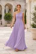 Lavender One-Shoulder Chiffon A-Line Bridesmaid Dress with Pleated Bodice for Garden Reception front view