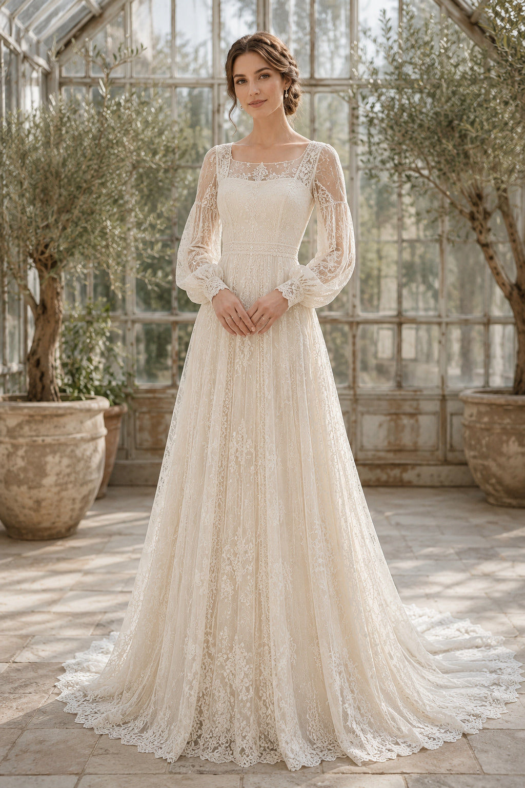 Ivory Boho Scoop Neck A-Line Lace Tulle Wedding Dress with Long Poet Sleeves and Chapel Train front view