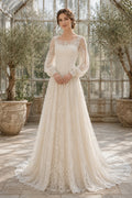 Ivory Boho Scoop Neck A-Line Lace Tulle Wedding Dress with Long Poet Sleeves and Chapel Train front view