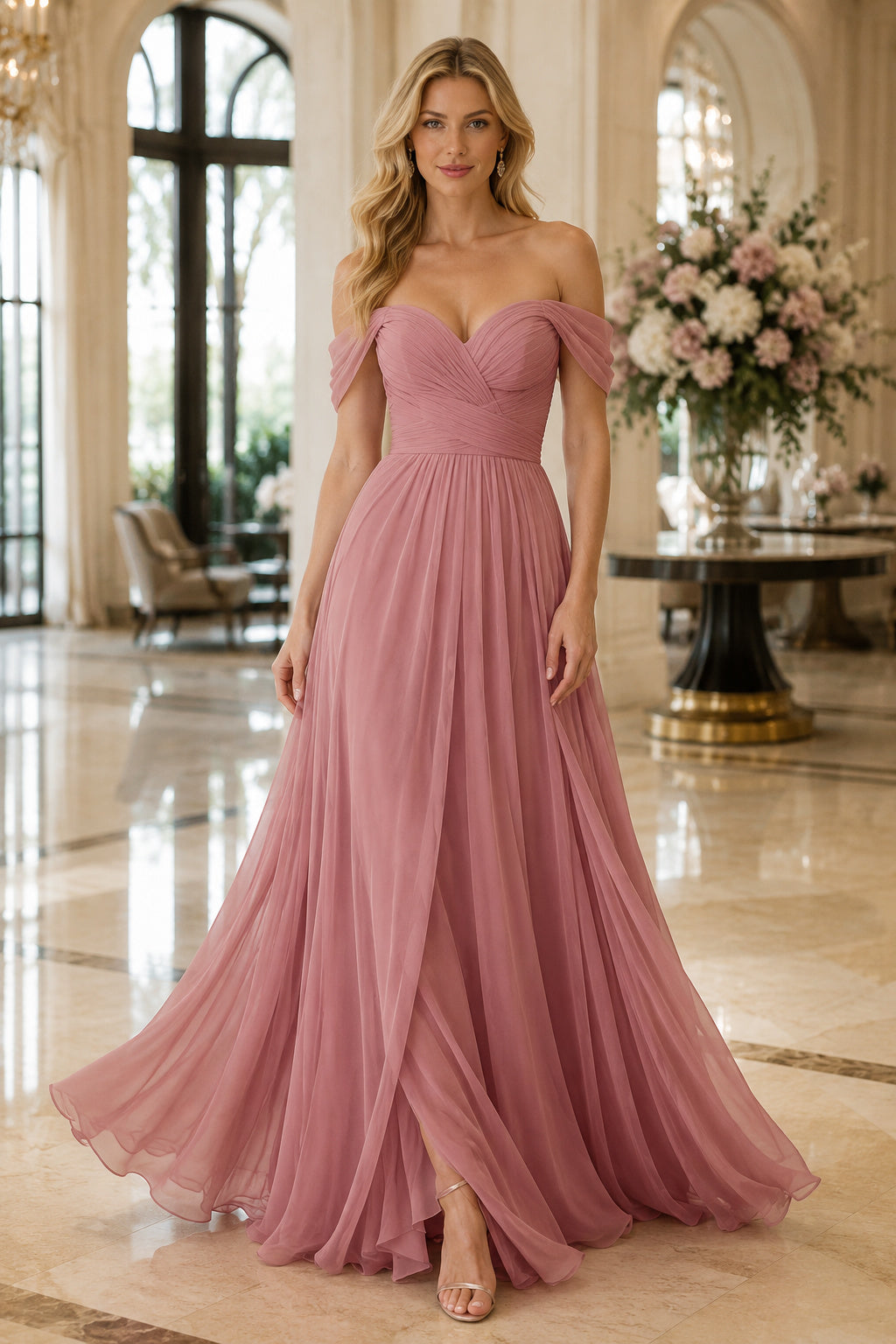 Dusty Rose Off-the-Shoulder Chiffon A-Line Bridesmaid Dress with Split Front front view