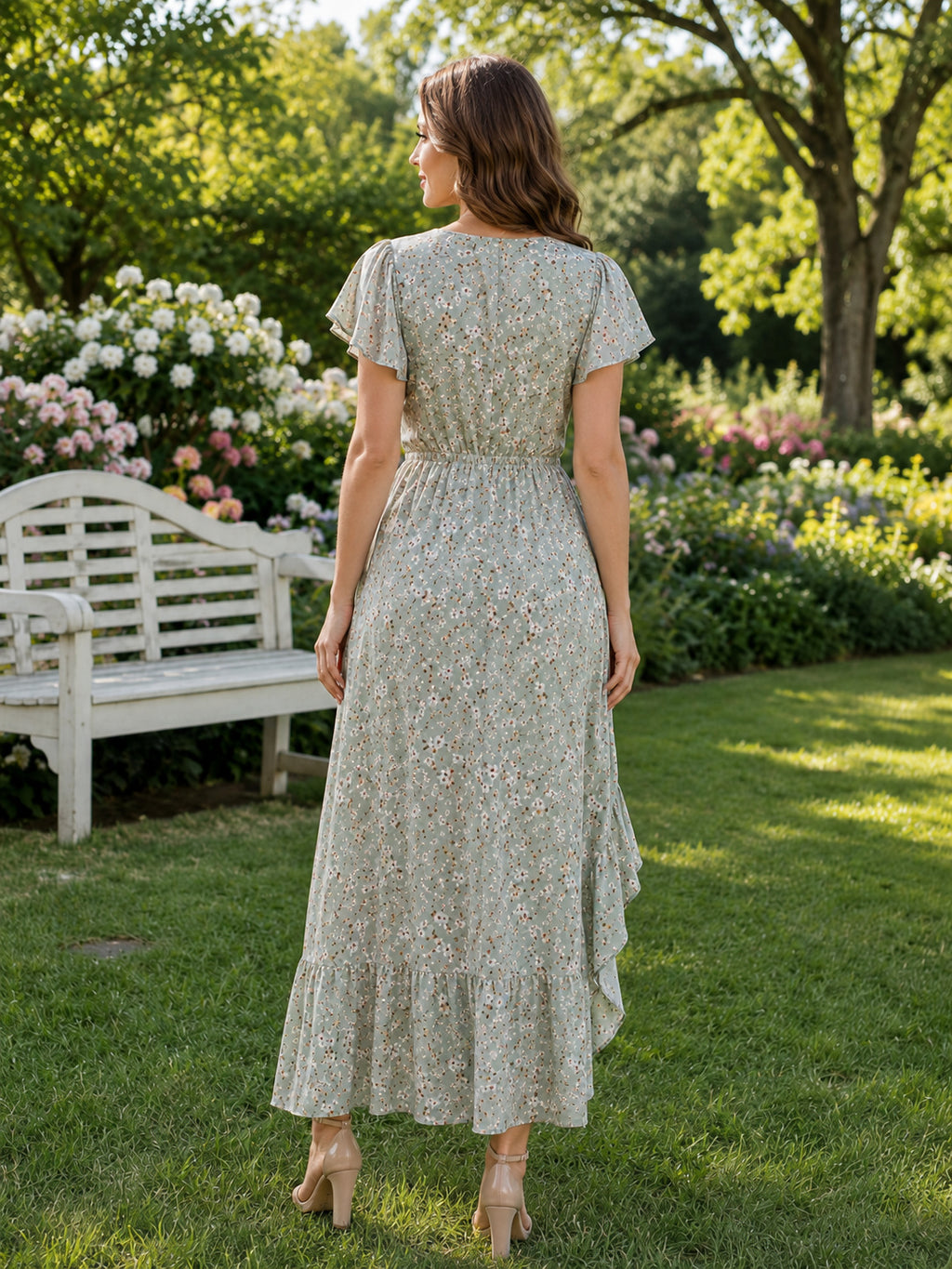 Sage floral V-neck wrap chiffon high-low maxi dress back view