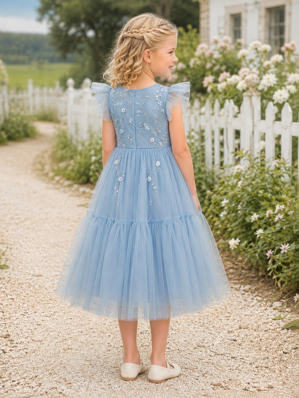 Sky Blue Floral Embroidery Tulle Flower Girl Tea-Length Petal Sleeve Country Dress back view