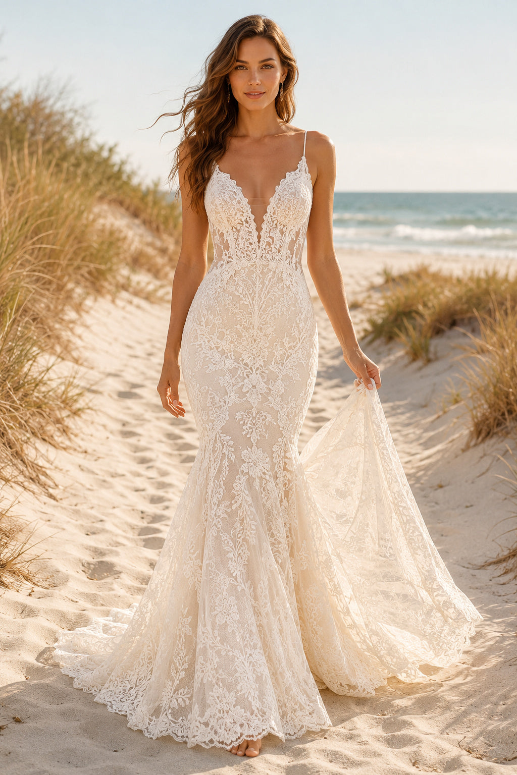 Ivory Spaghetti V-Neck Lace Mermaid Wedding Dress Chapel Train for Bridal Ceremony and Reception Style MG_700809 front view