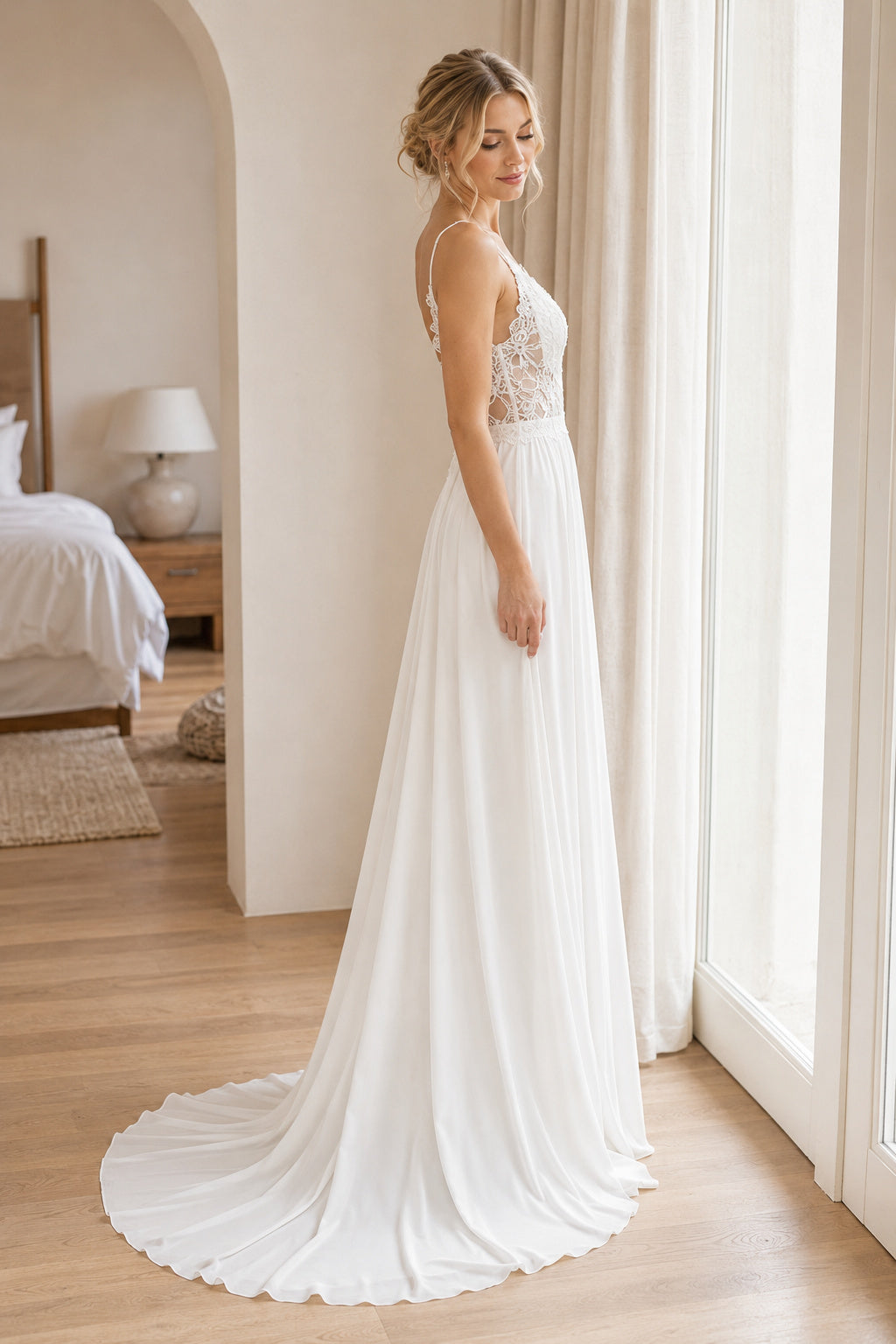 White Scoop Three-Quarter Sleeves Ball Gown Tulle Floor-length Wedding Dress With Open Back and Lace Bodice and Open Back