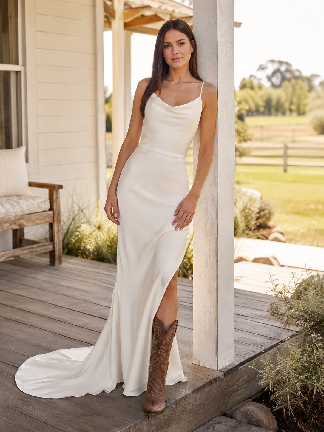 Maternity Wedding Dress Spaghetti Strap Off-the-Shoulder Simple A-Line Garden Bridal Gown front view