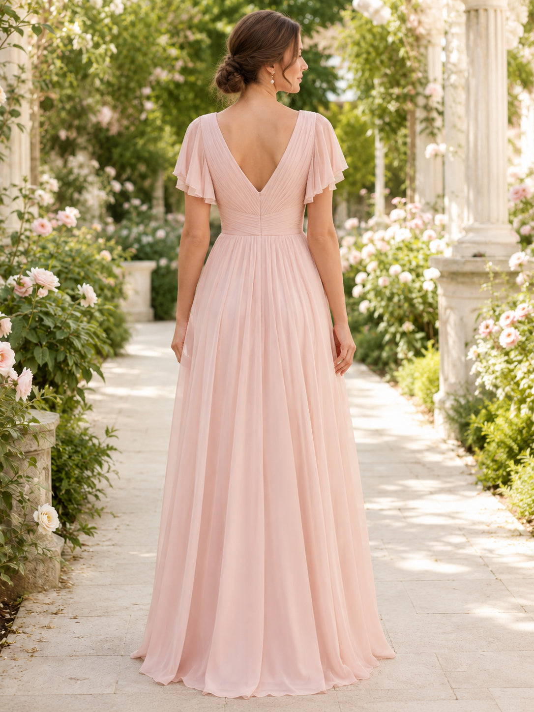 Blush Pink Flutter Sleeve Chiffon Floor Length A Line Dress back view