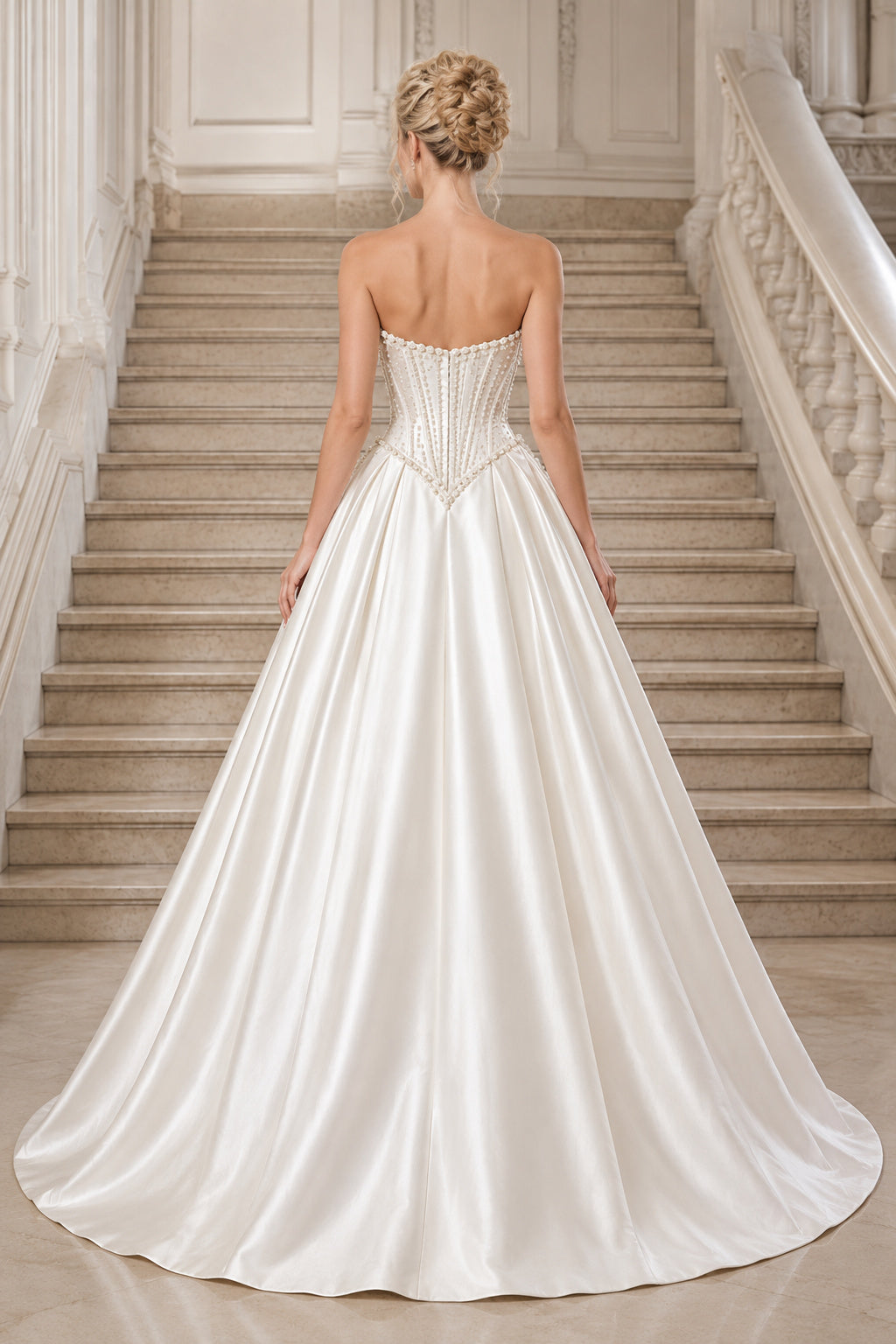 Ivory Strapless Satin Ball Gown Wedding Dress with Corset Bodice back view