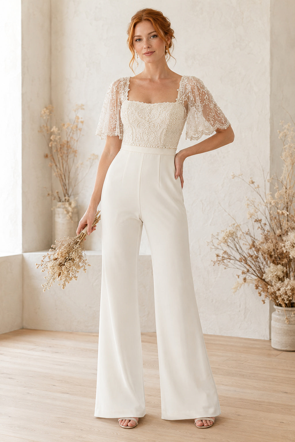 Ivory Square Neck Puff Sleeve Lace Satin Floor-Length Bridal Jumpsuit with Puff Lace Sleeves and Sash Detail front view