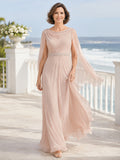 Blush cowl drape cape sleeve beach chiffon mother gown front view