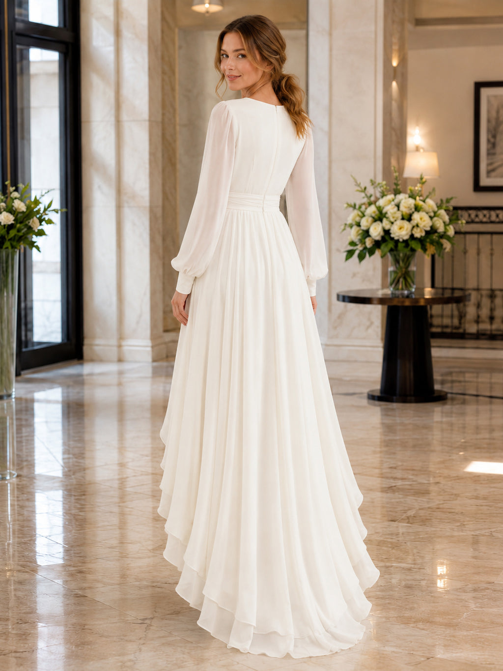 Chiffon Wedding Dress A-Line V-Neck Long Sleeve High Low Ruffle Detail Bridal Gown back view